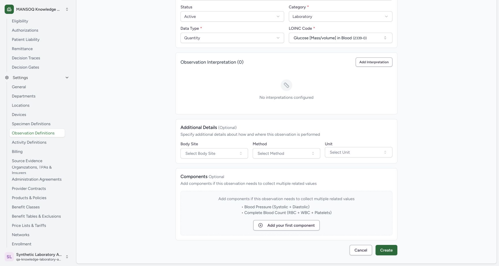 Review optional fields and create the base definition. Actual wide MANSOQ synthetic Create and verify a laboratory observation definition view.
