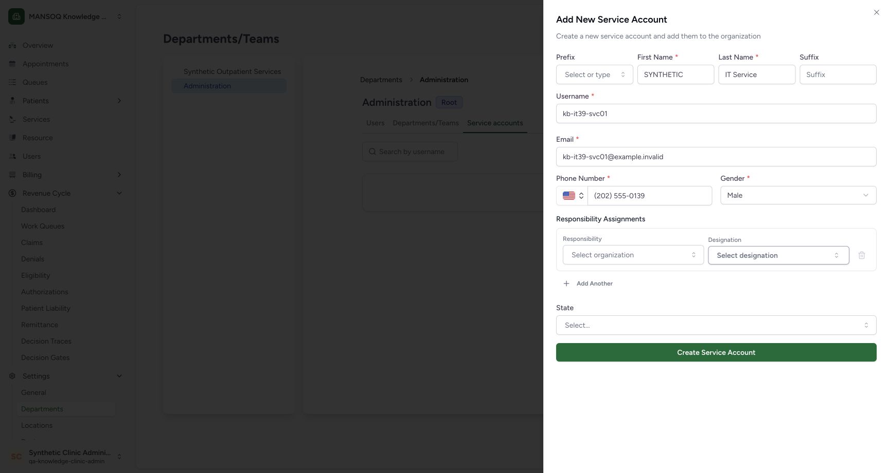 Review the fictional service-account identity draft. Actual secret-free MANSOQ wide desktop using one fictional training account.