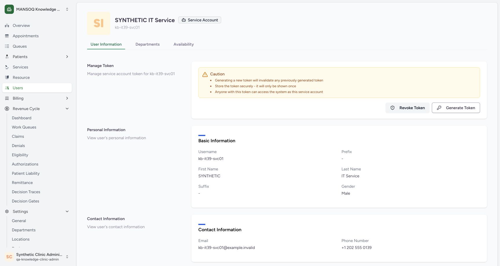 Inspect creator-controlled service token management. Actual secret-free MANSOQ wide desktop using one fictional training account.