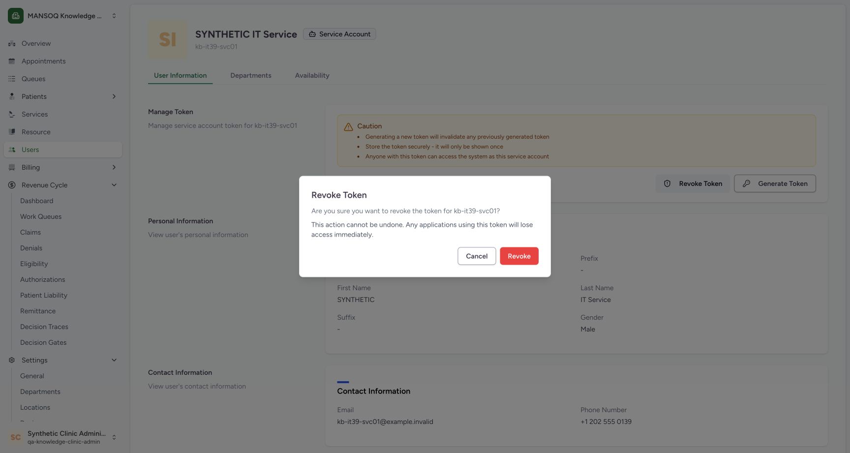Review and cancel a service token revocation. Actual secret-free MANSOQ wide desktop using one fictional training account.