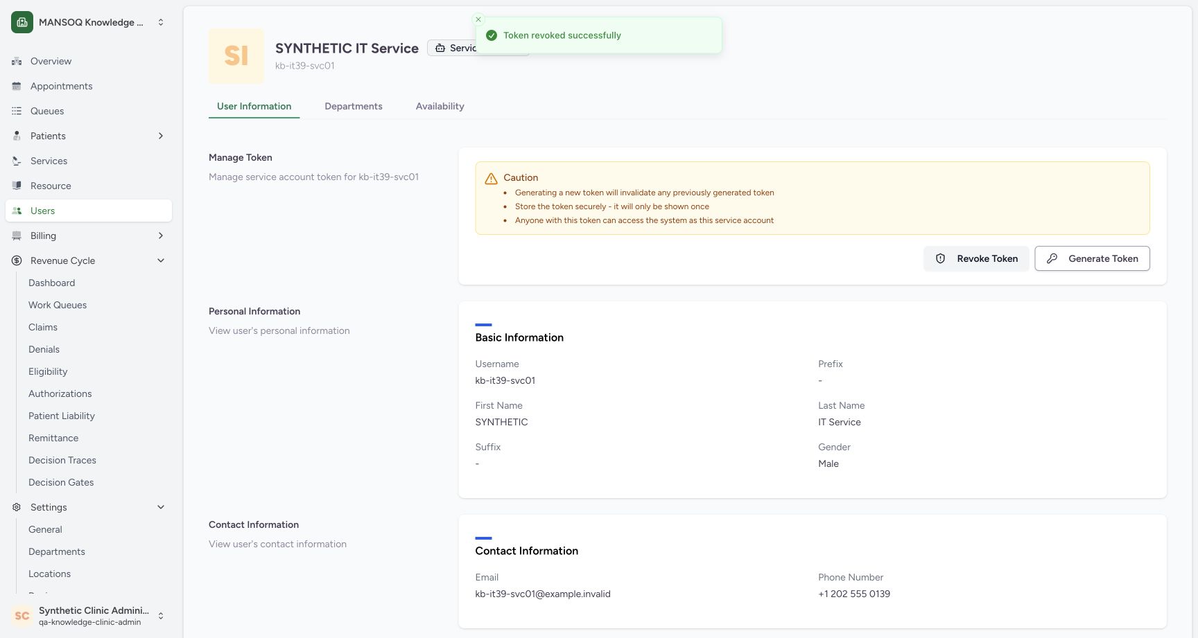 Observe the successful token revocation result. Actual secret-free MANSOQ wide desktop using one fictional training account.