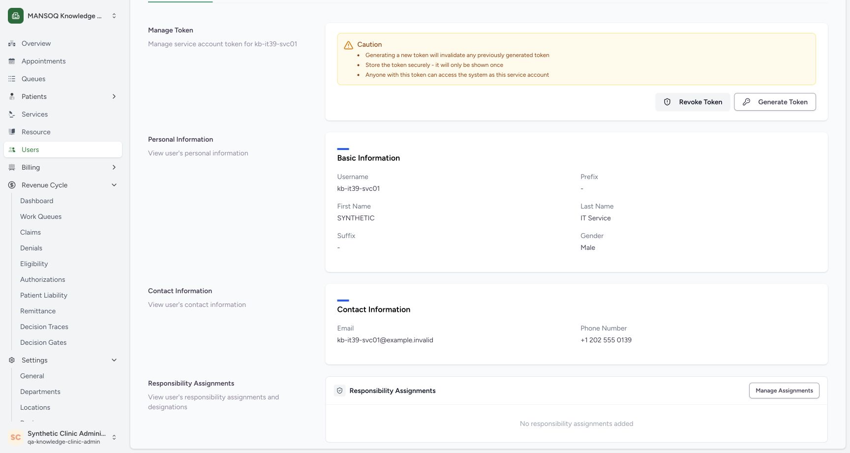 Confirm no responsibility assignments were added. Actual secret-free MANSOQ wide desktop using one fictional training account.