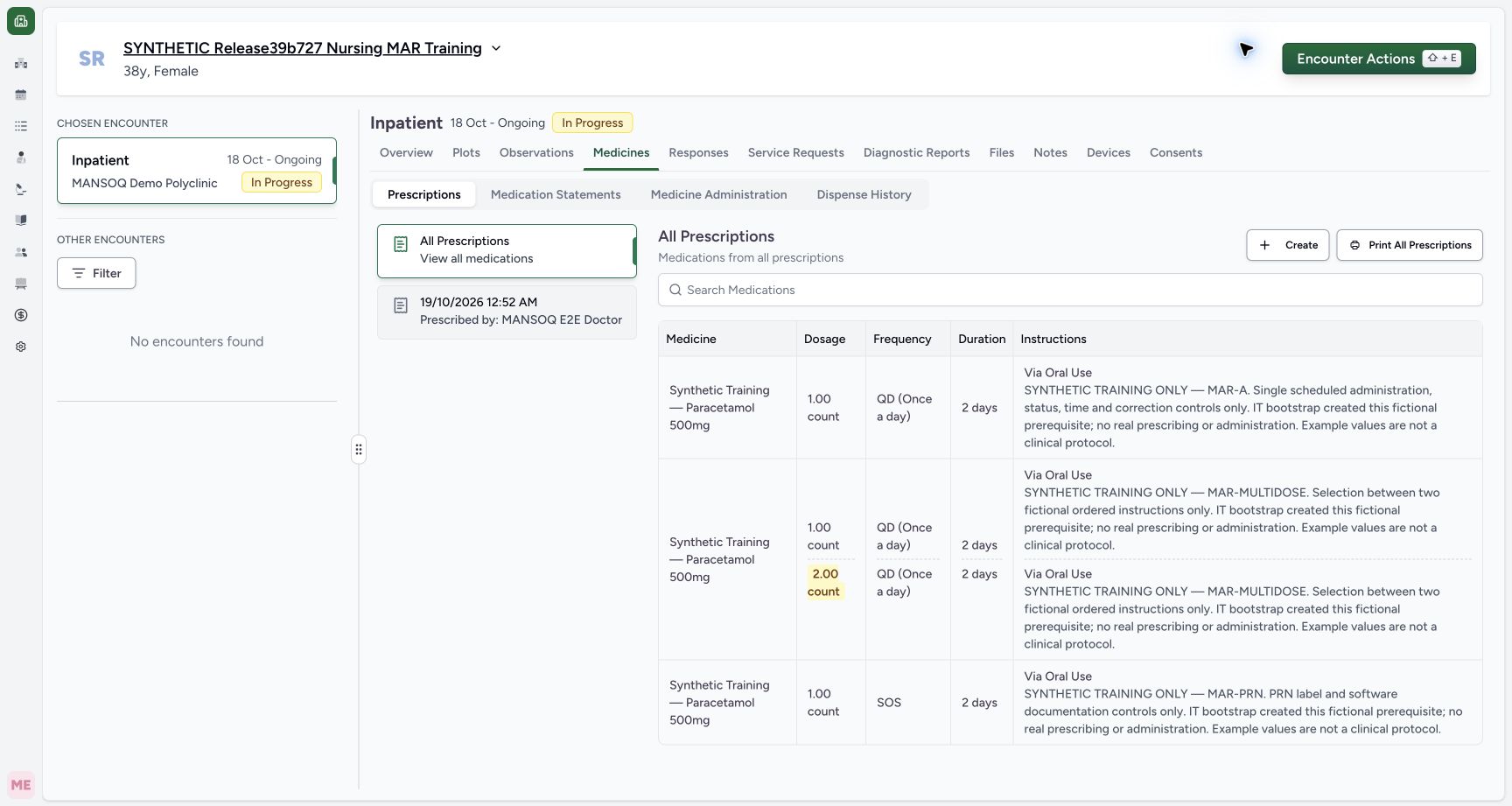 Identify the fictional patient and existing medication orders. Actual MANSOQ final-release wide desktop using a fictional training record.