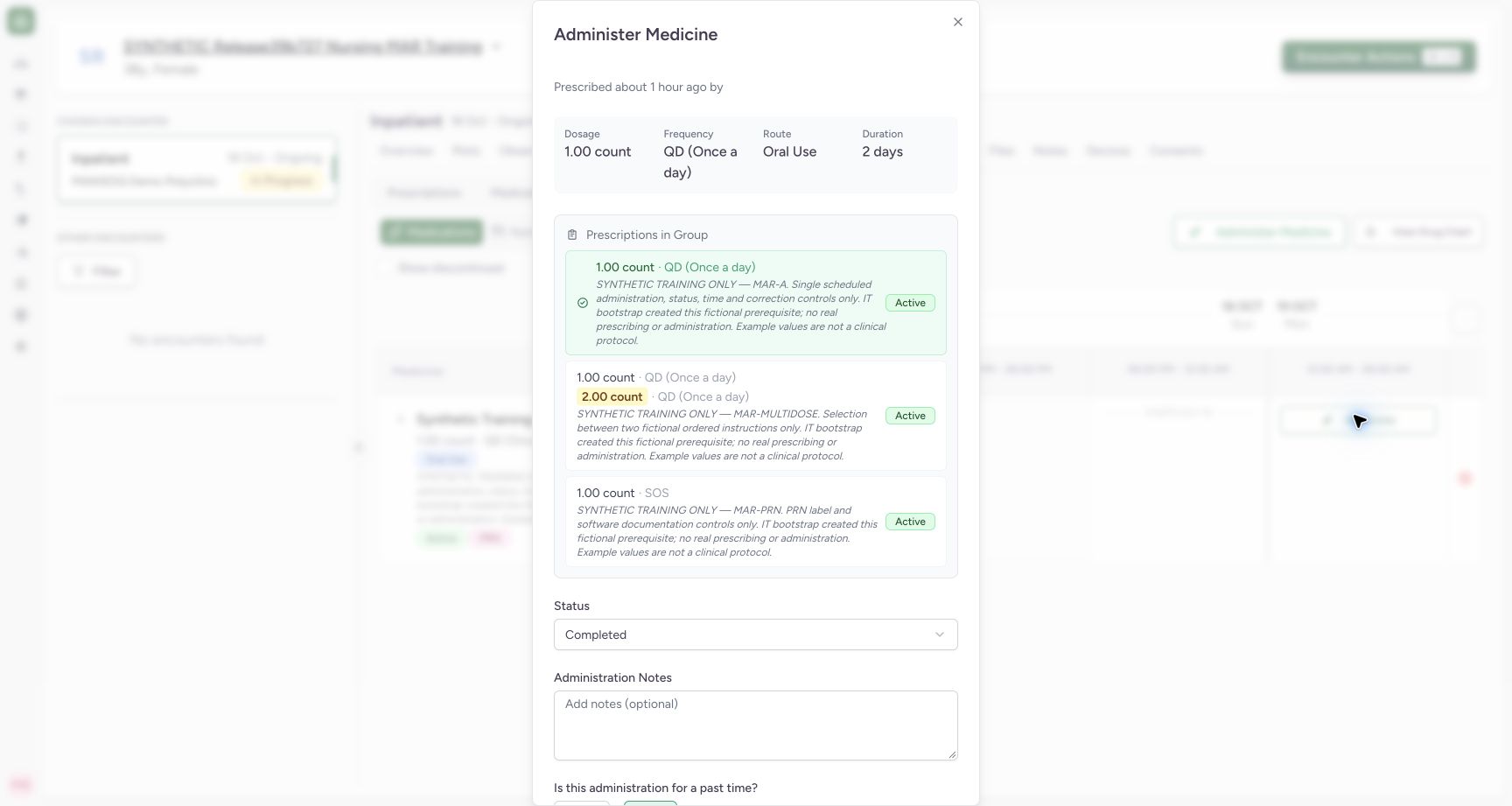 Review the selected order and new-event status. Actual MANSOQ final-release wide desktop using a fictional training record.