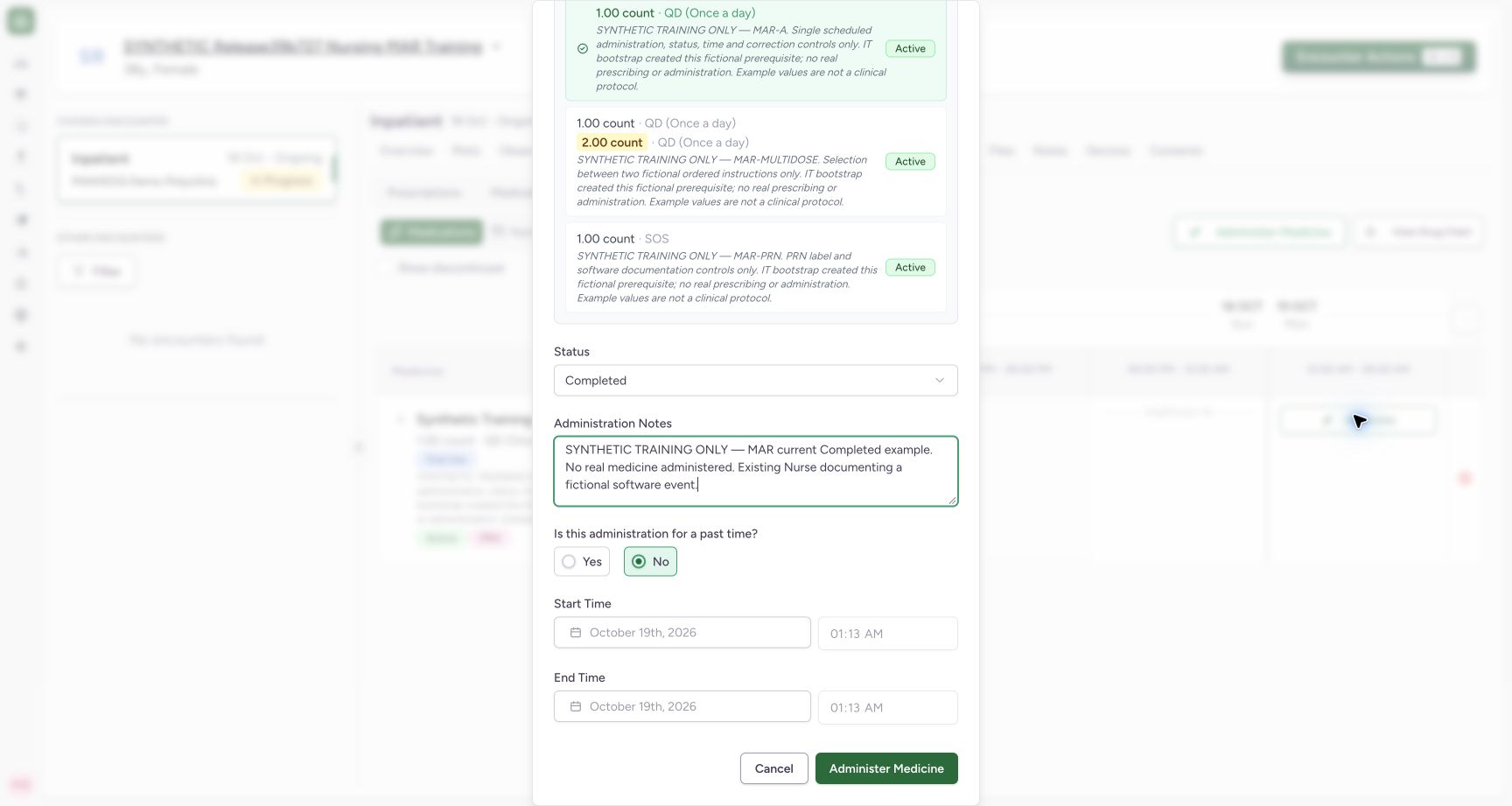 Review notes and current-time settings before saving. Actual MANSOQ final-release wide desktop using a fictional training record.