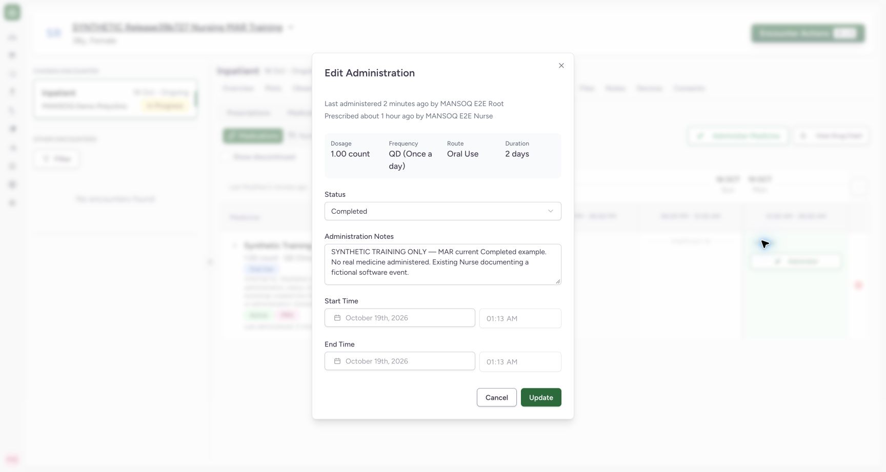 Inspect persisted status, note and locked times. Actual MANSOQ final-release wide desktop using a fictional training record.