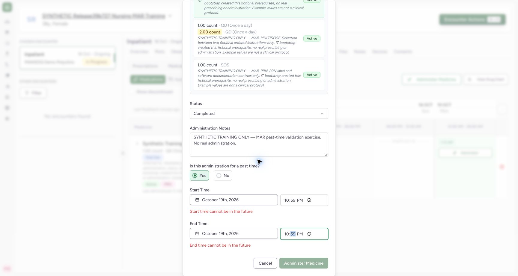 Recognize future-time validation before saving. Actual MANSOQ final-release wide desktop using a fictional training record.
