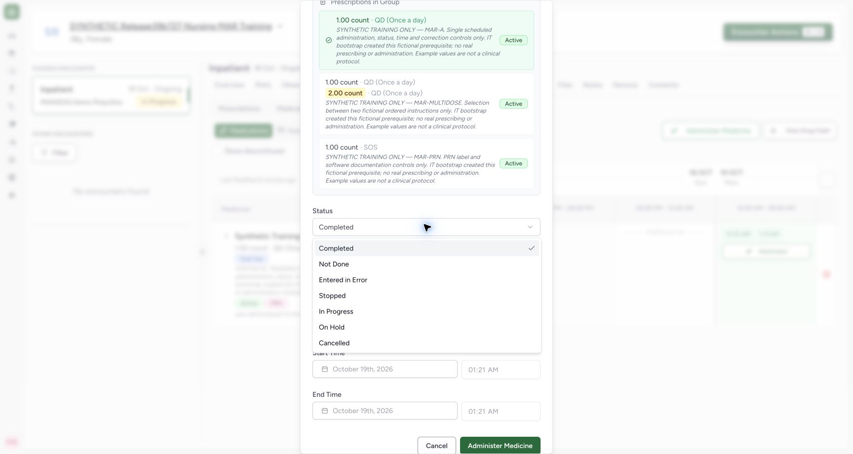 Choose the status of this documentation event. Actual MANSOQ final-release wide desktop using a fictional training record.