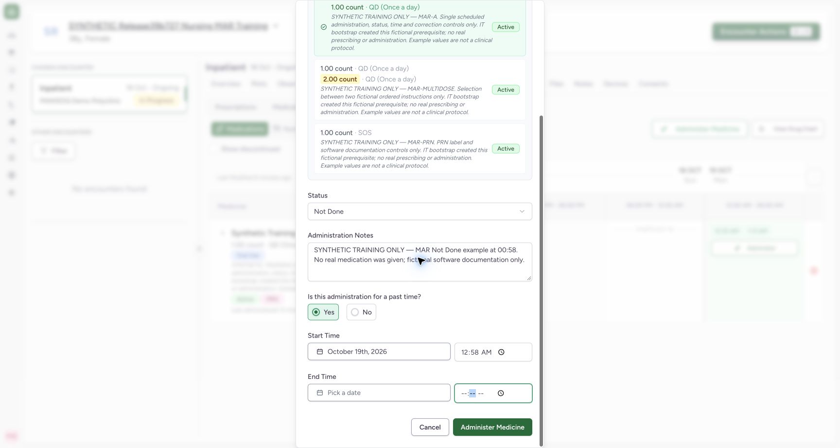 Review a Not Done documentation event before saving. Actual MANSOQ final-release wide desktop using a fictional training record.