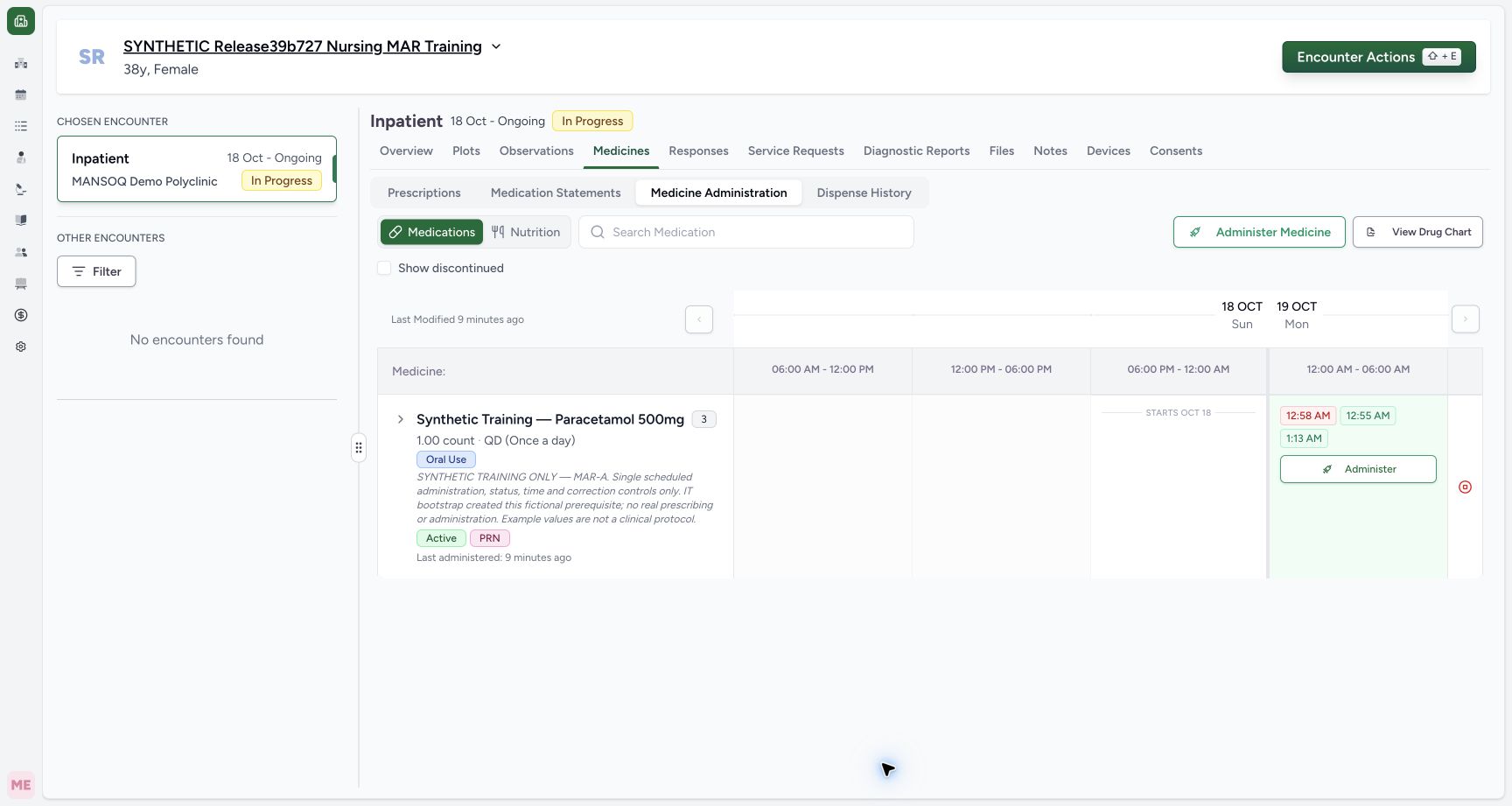 Locate the saved Not Done event. Actual MANSOQ final-release wide desktop using a fictional training record.