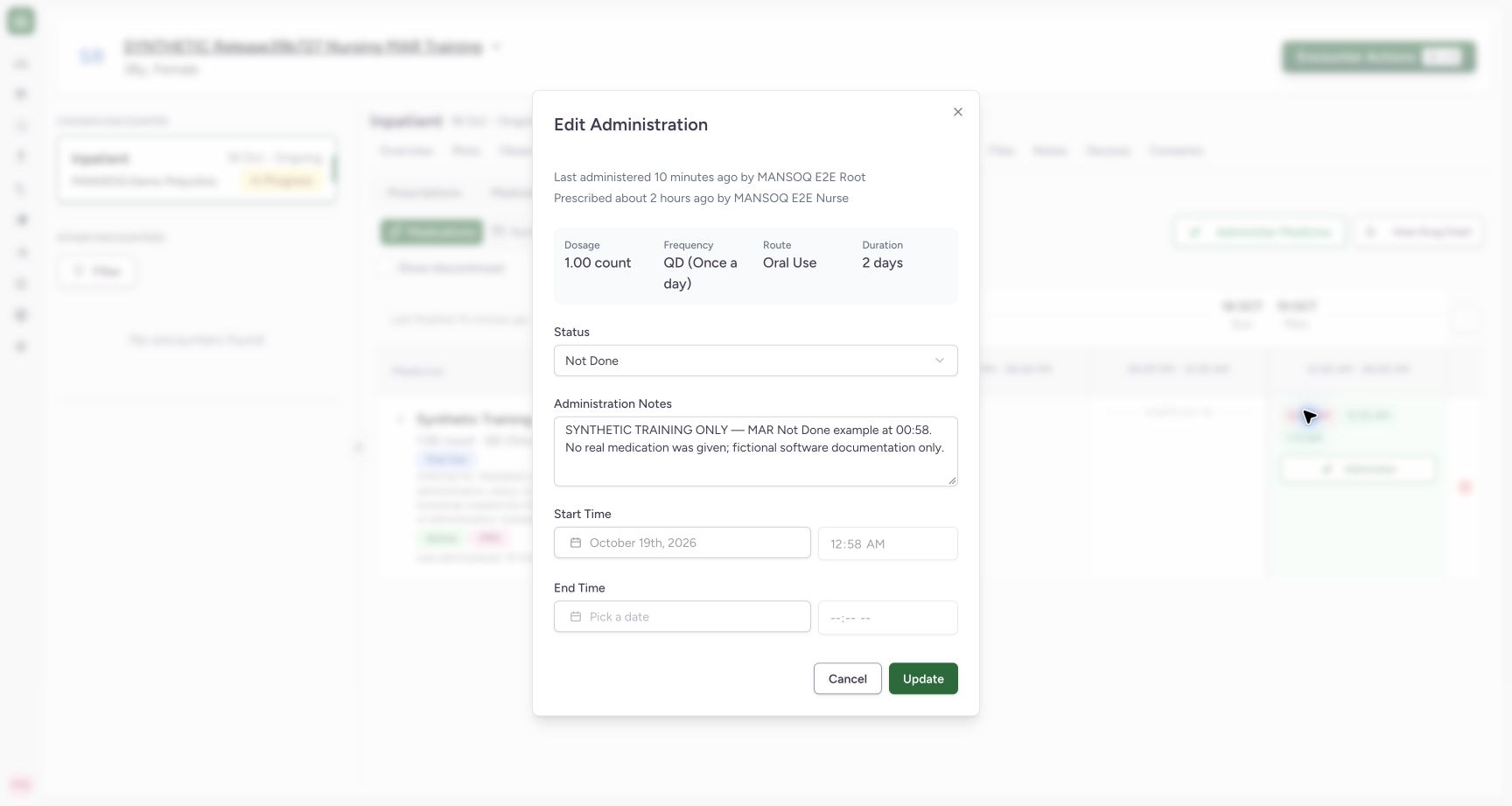 Verify the saved Not Done status and empty end. Actual MANSOQ final-release wide desktop using a fictional training record.