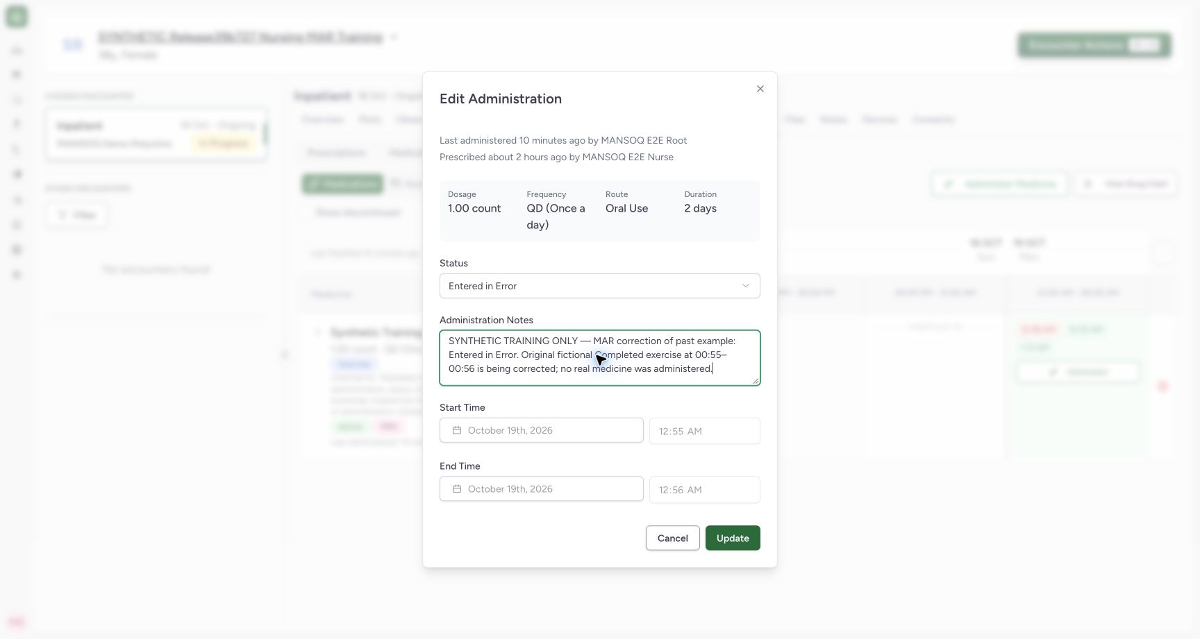 Review the correction and update the existing event. Actual MANSOQ final-release wide desktop using a fictional training record.