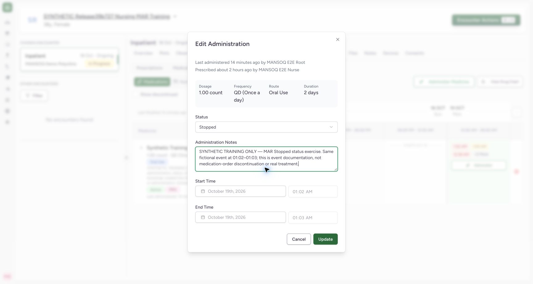 Review Stopped for the selected administration event. Actual MANSOQ final-release wide desktop using a fictional training record.