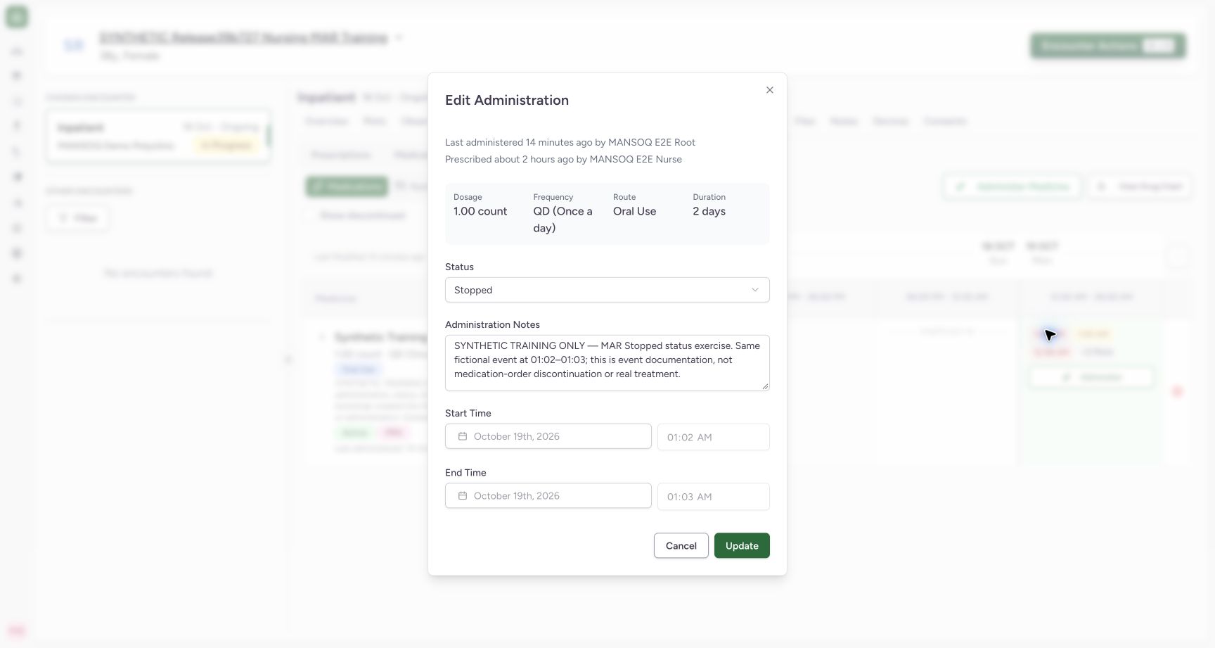 Verify Stopped without ending the medication order. Actual MANSOQ final-release wide desktop using a fictional training record.