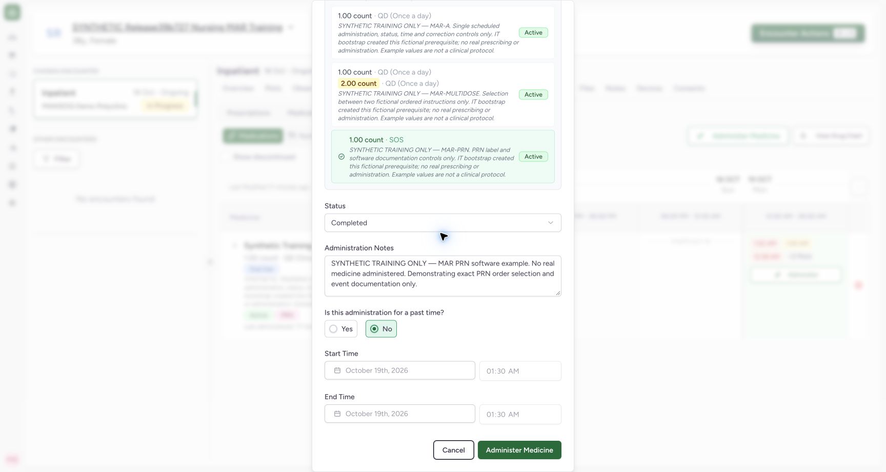 Review the PRN event before saving. Actual MANSOQ final-release wide desktop using a fictional training record.