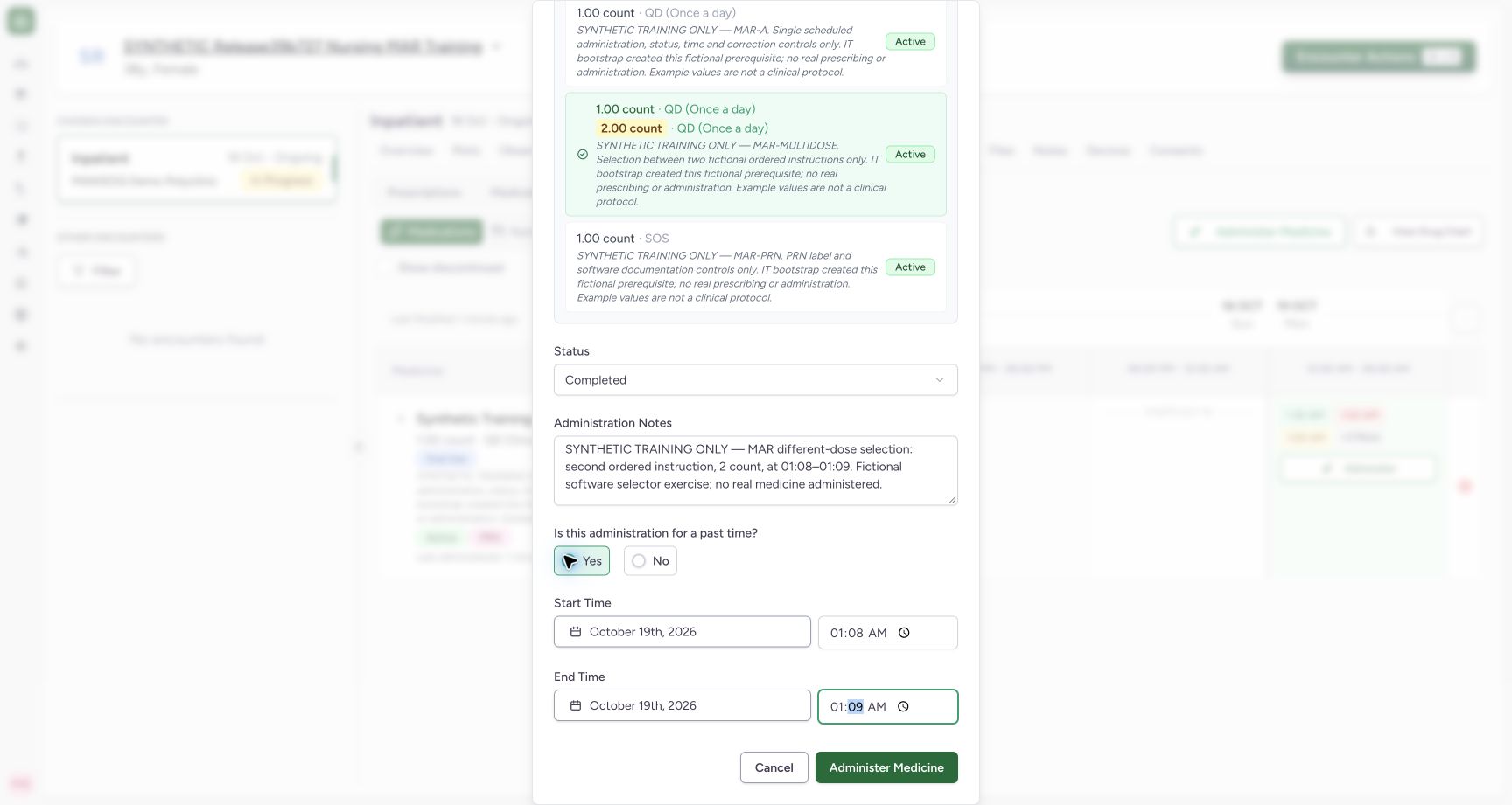 Review the differing-dose event before saving. Actual MANSOQ final-release wide desktop using a fictional training record.