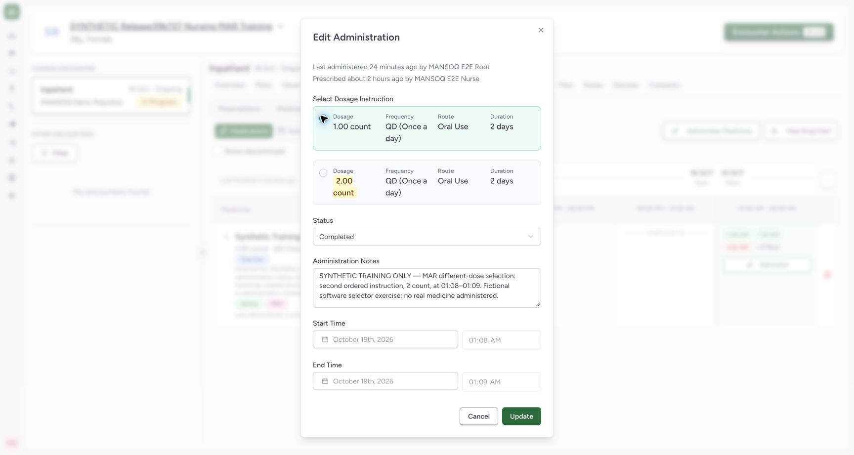 Inspect an apparent dose change on an existing event. Actual MANSOQ final-release wide desktop using a fictional training record.