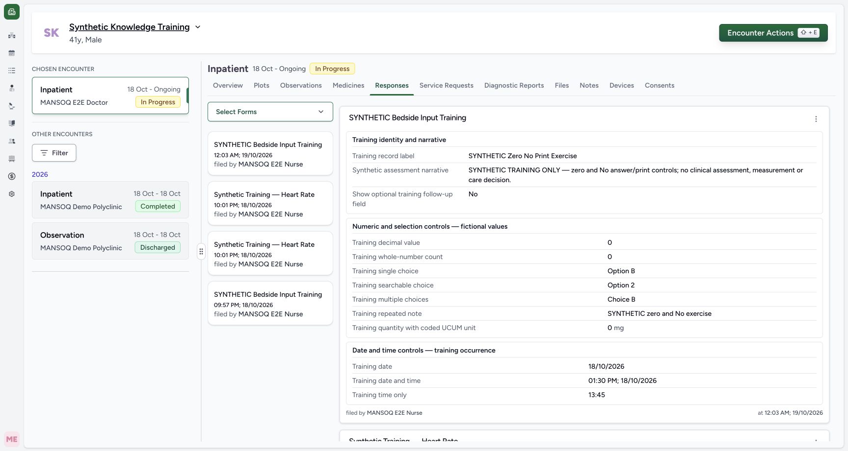Identify the saved response and its action menu. Actual MANSOQ final-release wide desktop using a fictional training record.