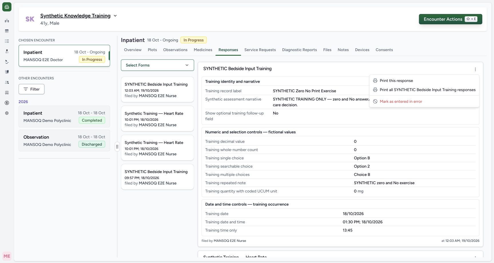 Choose one response or matching questionnaire responses. Actual MANSOQ final-release wide desktop using a fictional training record.