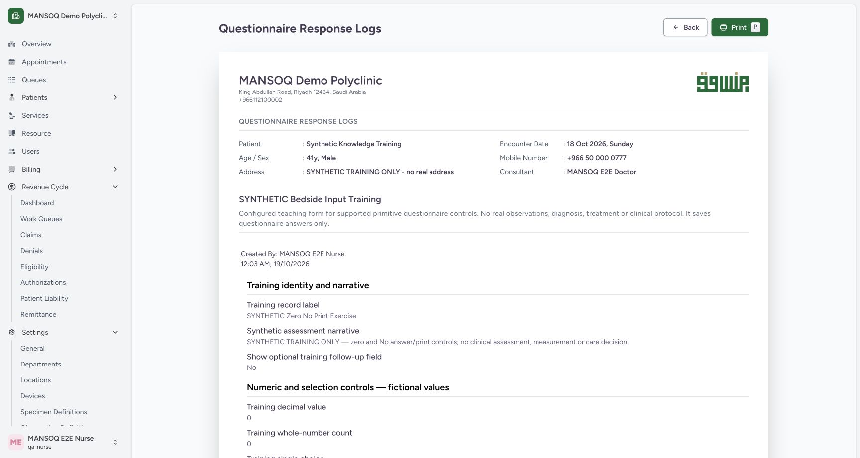 Verify single-response patient, author and print control. Actual MANSOQ final-release wide desktop using a fictional training record.