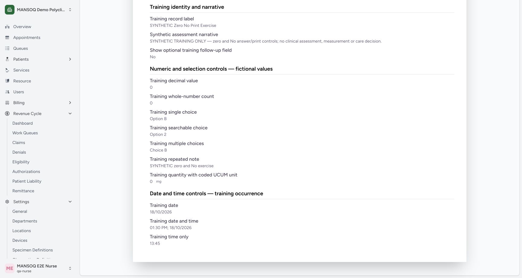 Read No, zero, units and date/time answers. Actual MANSOQ final-release wide desktop using a fictional training record.
