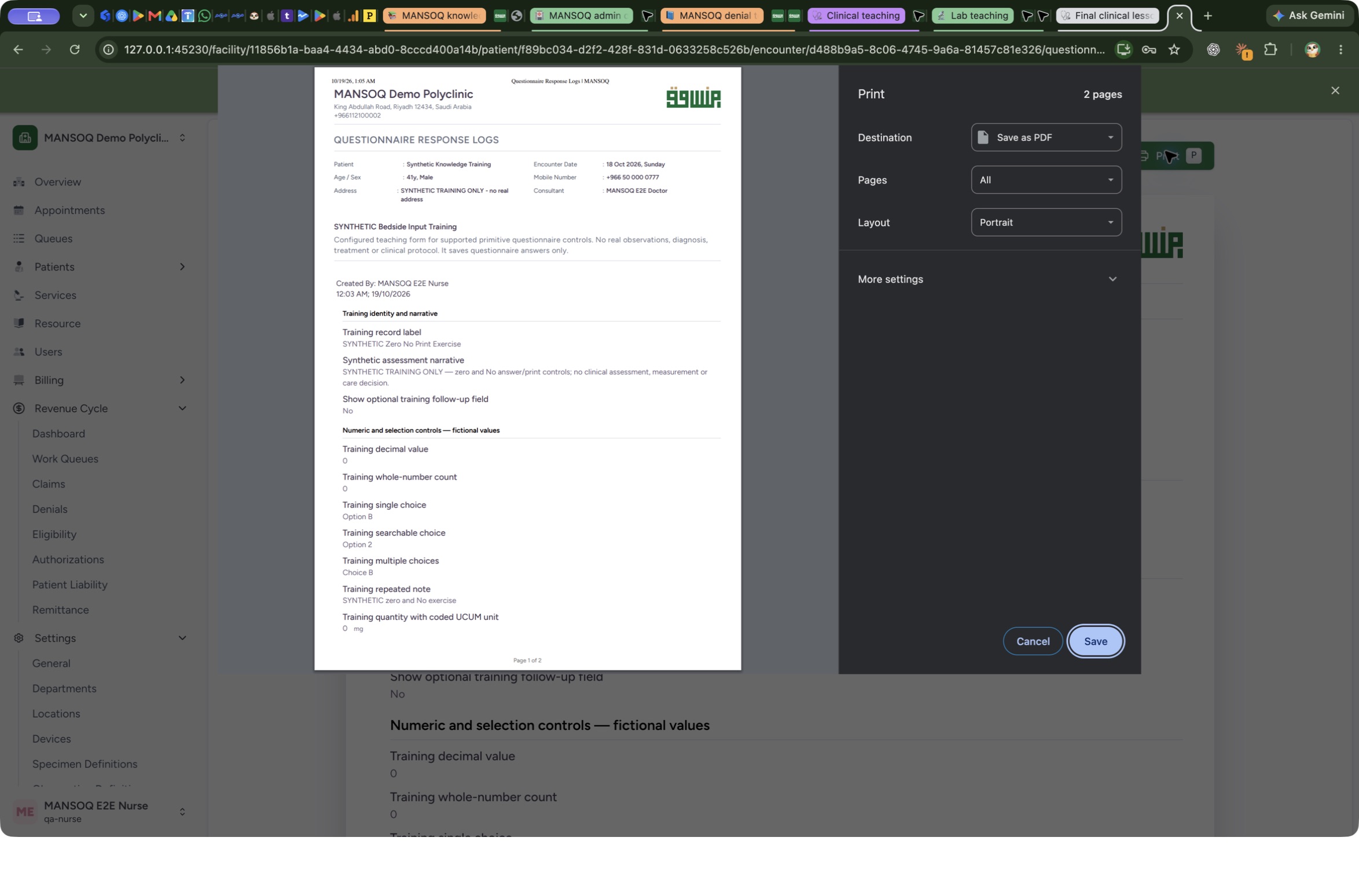 macOS Print dialog: choose PDF destination and pages. Genuine native controls for an isolated fictional final-release questionnaire output.