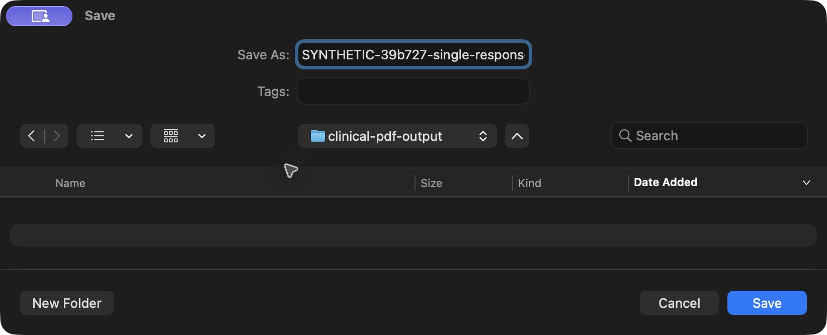 macOS Save dialog: choose the PDF file name and destination. Genuine native controls for an isolated fictional final-release questionnaire output.