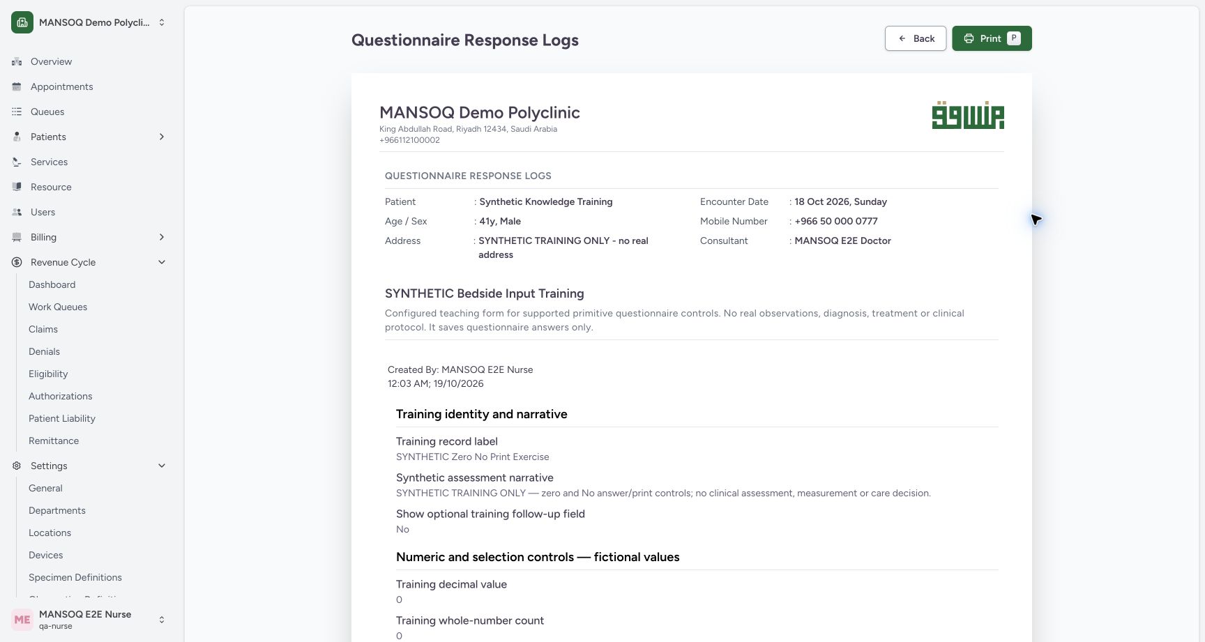 Verify the combined questionnaire and encounter context. Actual MANSOQ final-release wide desktop using a fictional training record.
