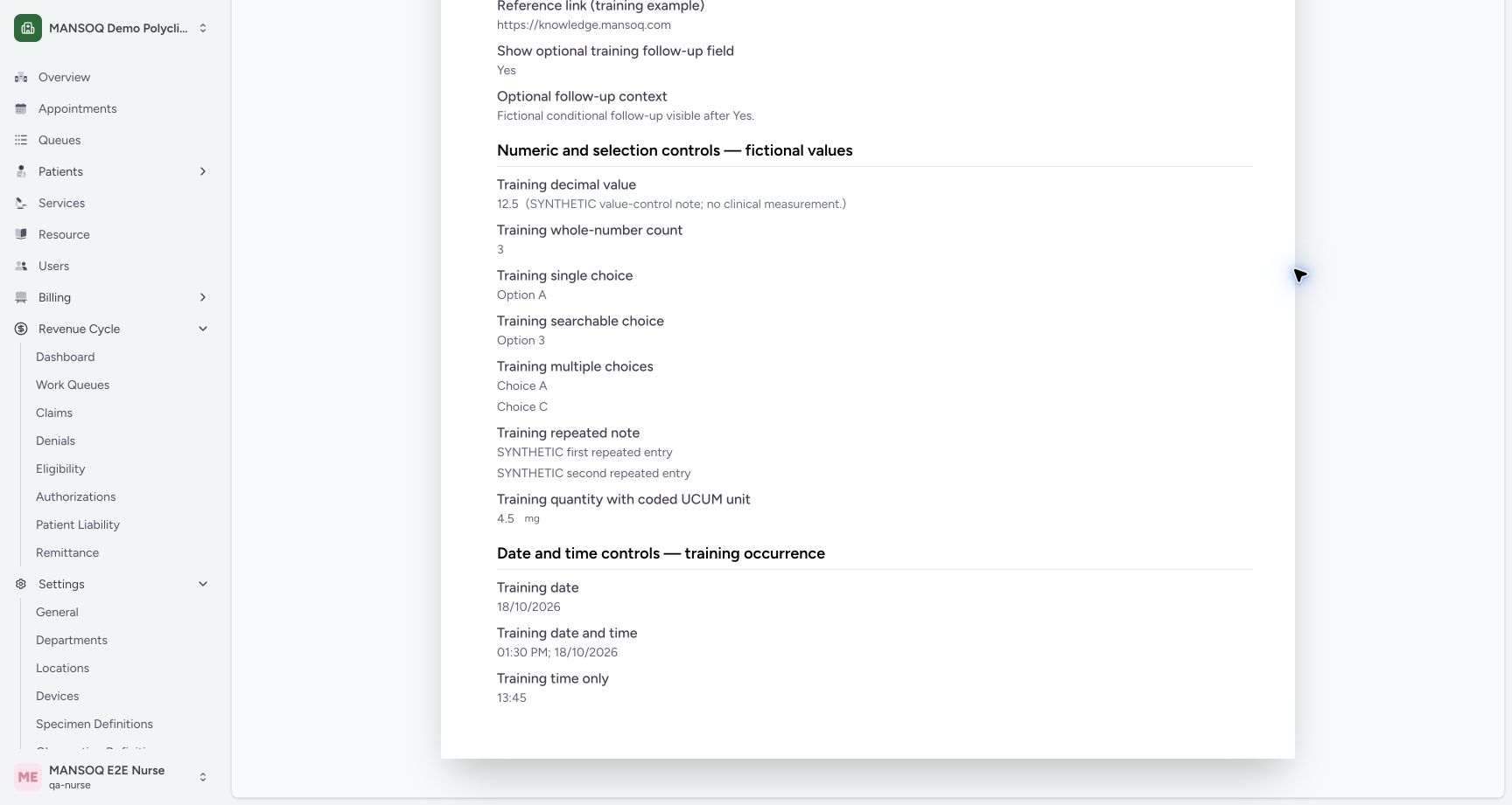 Check the earlier values, note and date group. Actual MANSOQ final-release wide desktop using a fictional training record.