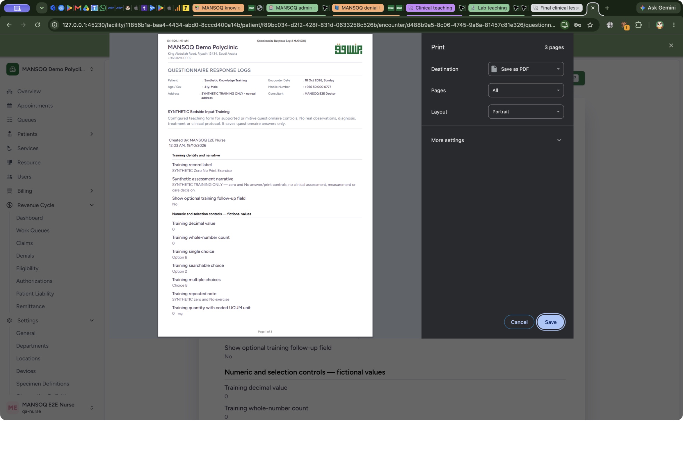 macOS Print dialog: confirm the combined page count. Genuine native controls for an isolated fictional final-release questionnaire output.