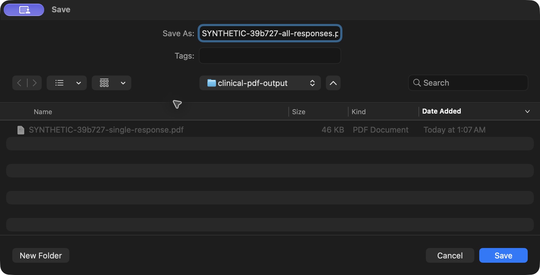 macOS Save dialog: name the combined PDF separately. Genuine native controls for an isolated fictional final-release questionnaire output.