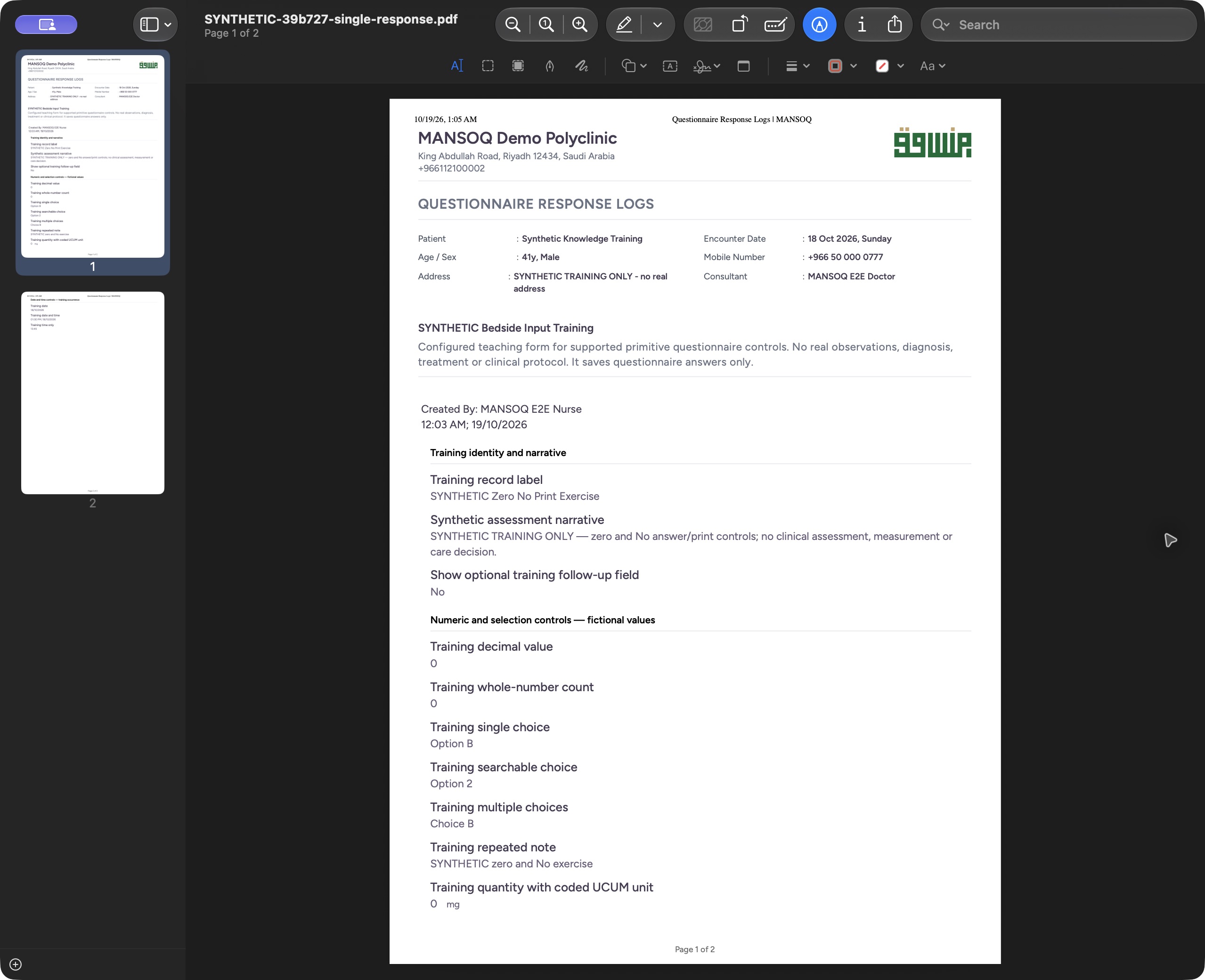 Open the saved single-response PDF and verify page one. Actual saved MANSOQ training PDF opened in the local macOS Preview document viewer; the file name, page count and saved output are visible.