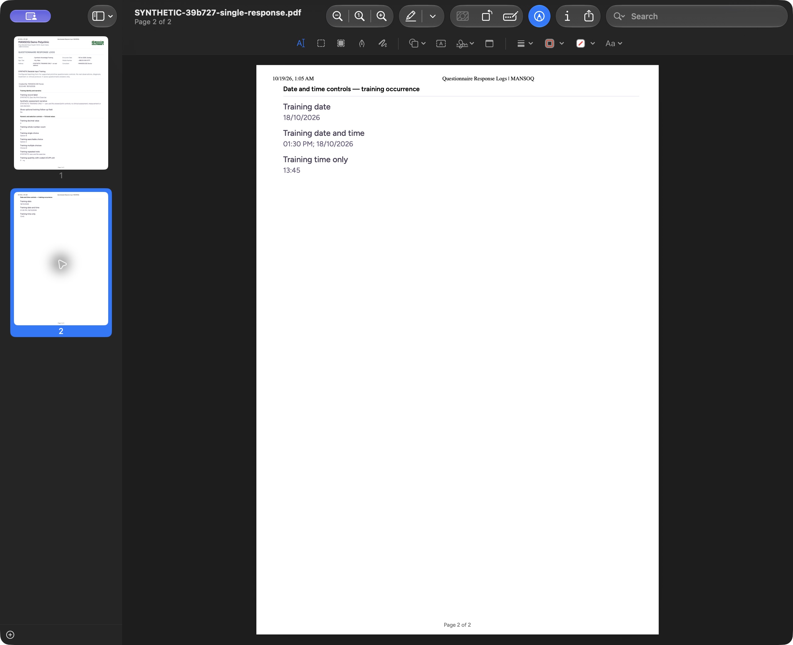 Check the single PDF last page and date/time answers. Actual saved MANSOQ training PDF opened in the local macOS Preview document viewer; the file name, page count and saved output are visible.