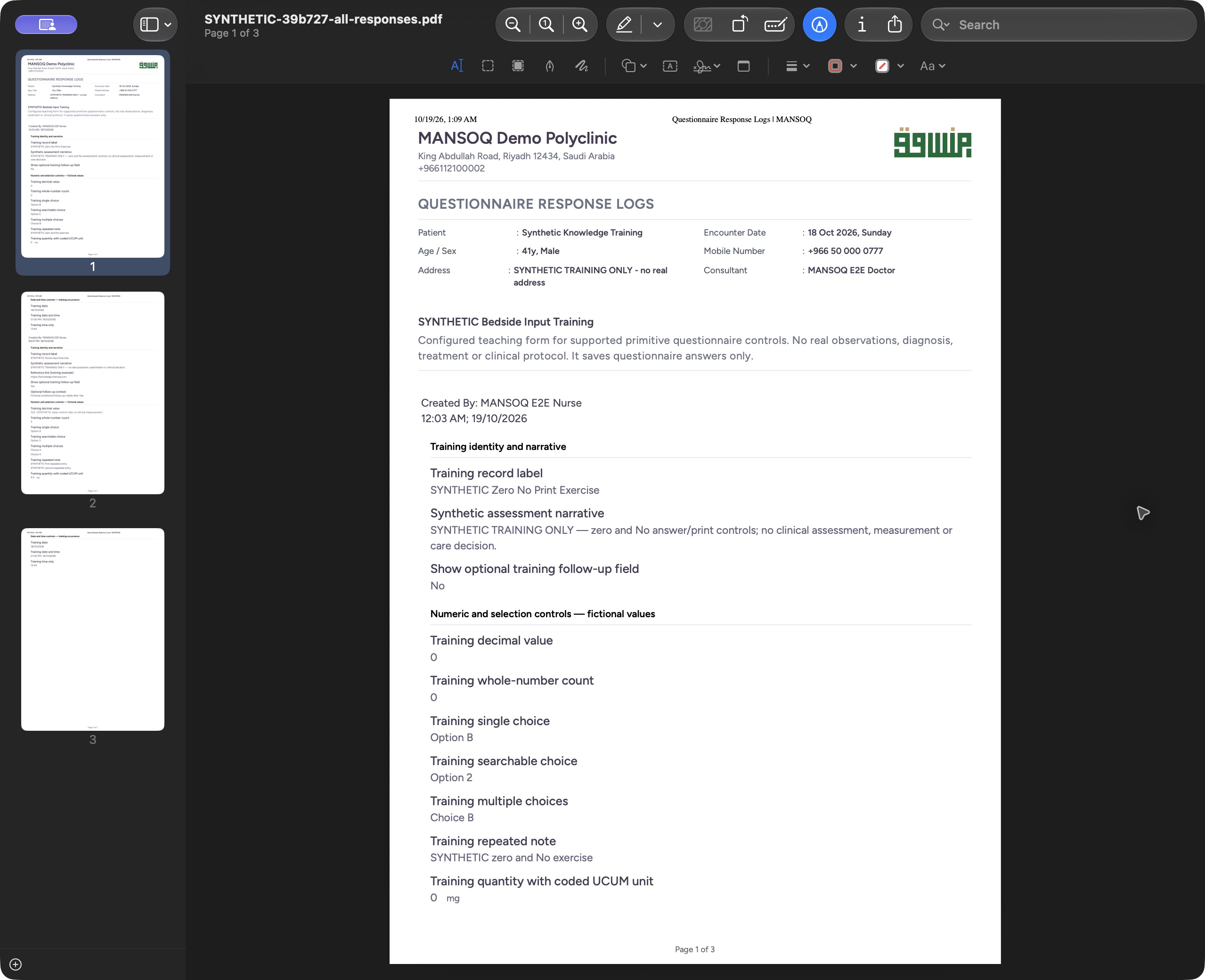 Open the saved combined PDF and confirm three pages. Actual saved MANSOQ training PDF opened in the local macOS Preview document viewer; the file name, page count and saved output are visible.