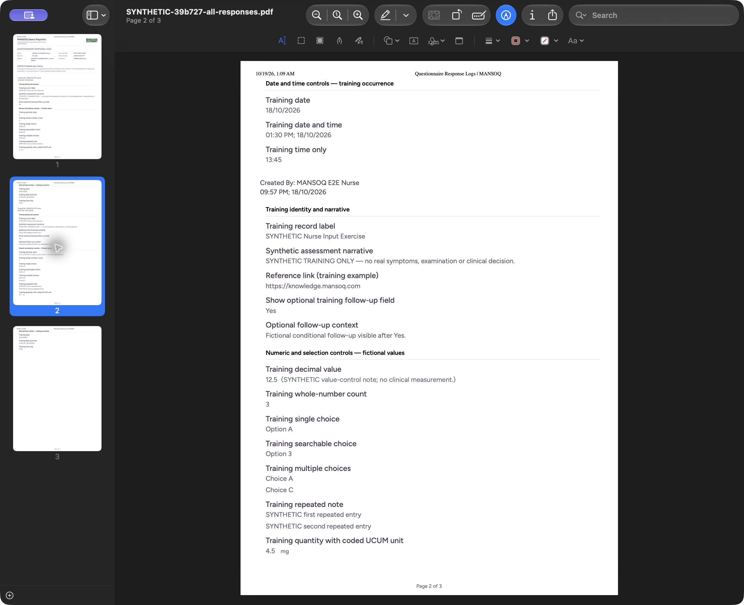 Inspect the earlier response on combined PDF page two. Actual saved MANSOQ training PDF opened in the local macOS Preview document viewer; the file name, page count and saved output are visible.