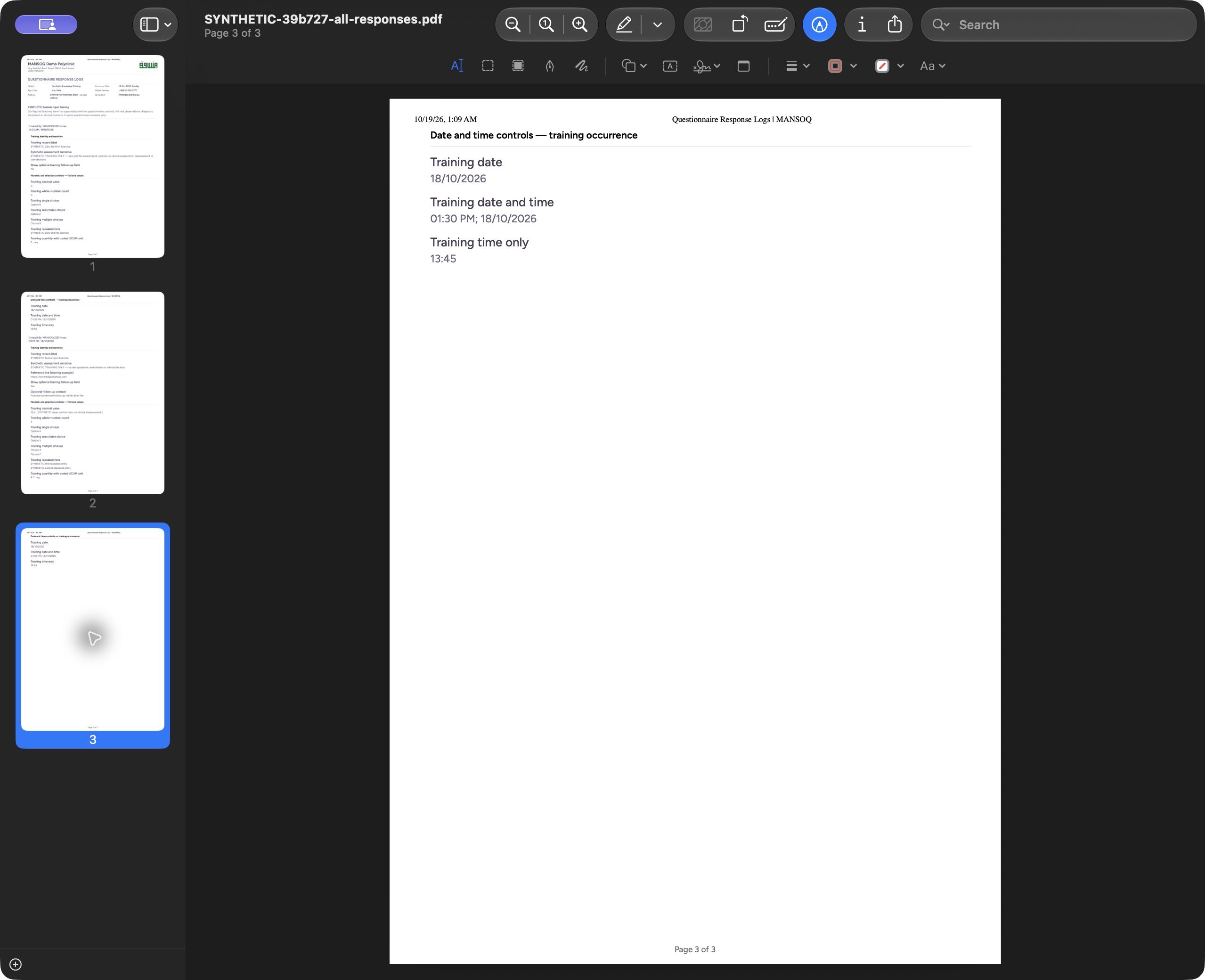Check the combined PDF last-page date/time group. Actual saved MANSOQ training PDF opened in the local macOS Preview document viewer; the file name, page count and saved output are visible.