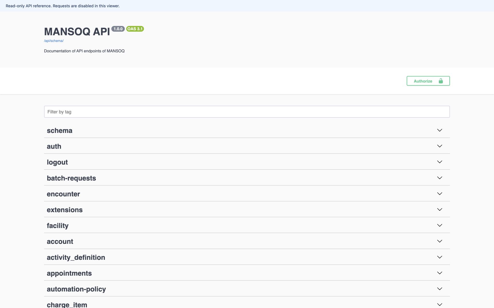 The rendered viewer shows read-only banner, MANSOQ API label 1.0.0, OAS 3.1, schema link, tag filter and Authorize button. No credentials were entered; endpoint submission is disabled.