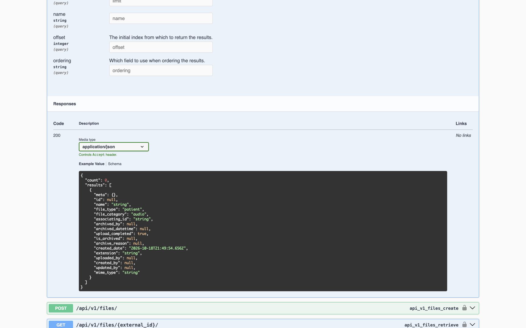 The visible GET files response Example Value shows count and results, plus offset above it. This is a Swagger-generated example, not a saved patient file or actual response body.