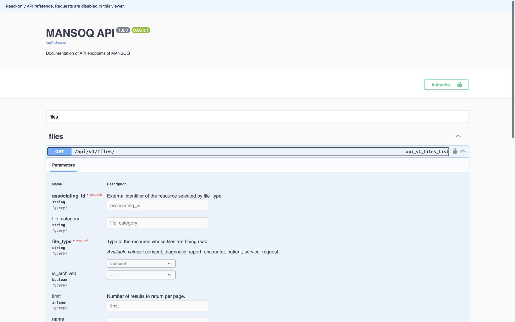 GET /api/v1/files/ is open. associating_id and file_type visibly carry required markers; disabled fields confirm read-only viewer. A valid pair identifies the resource whose files are requested.