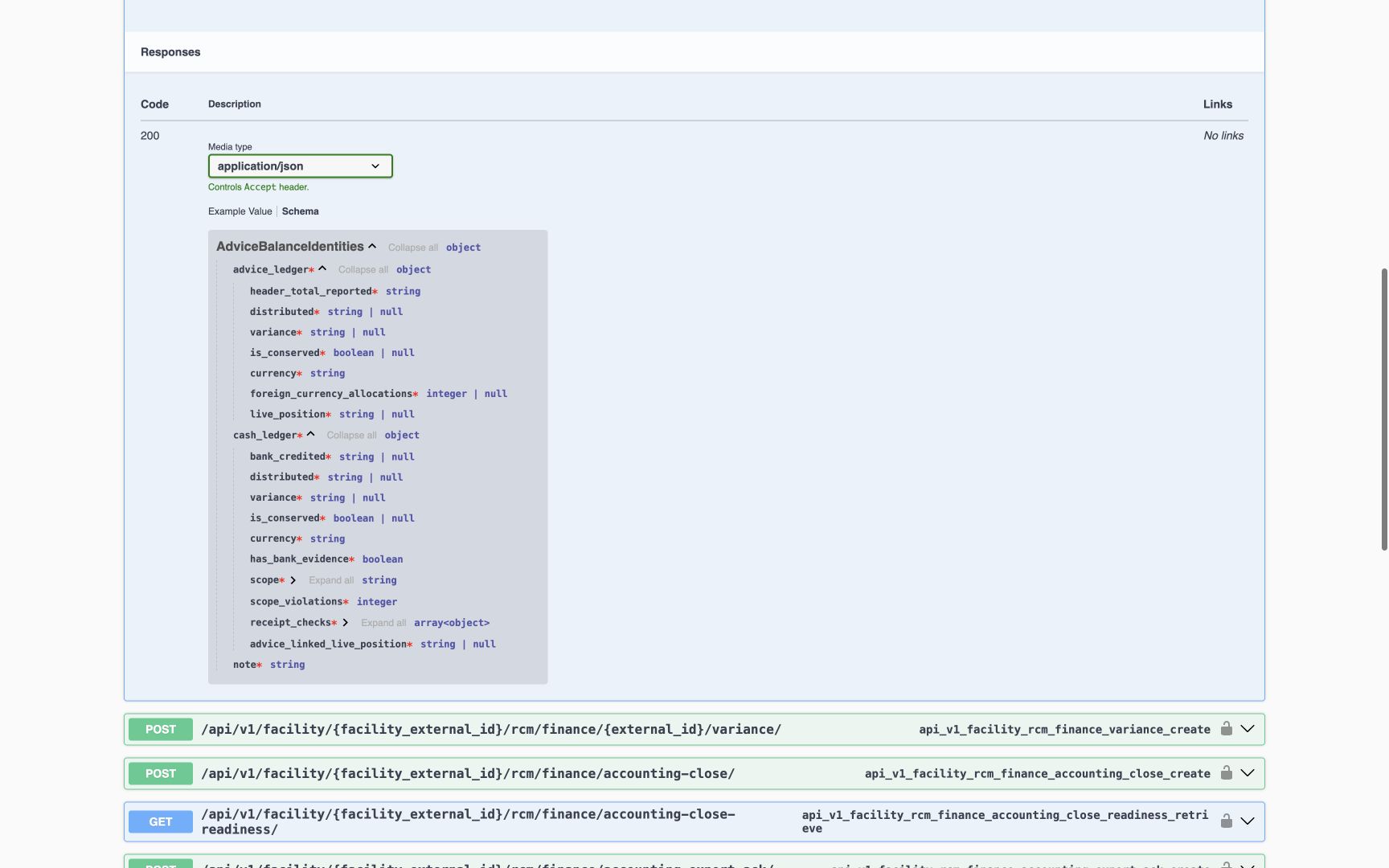Both advice and cash ledger objects are expanded. Monetary fields are strings, and many evidence fields explicitly allow null. The cash fields has_bank_evidence, scope_violations, receipt_checks and advice_linked_live_position are visible. Nested receipt fields remain collapsed.