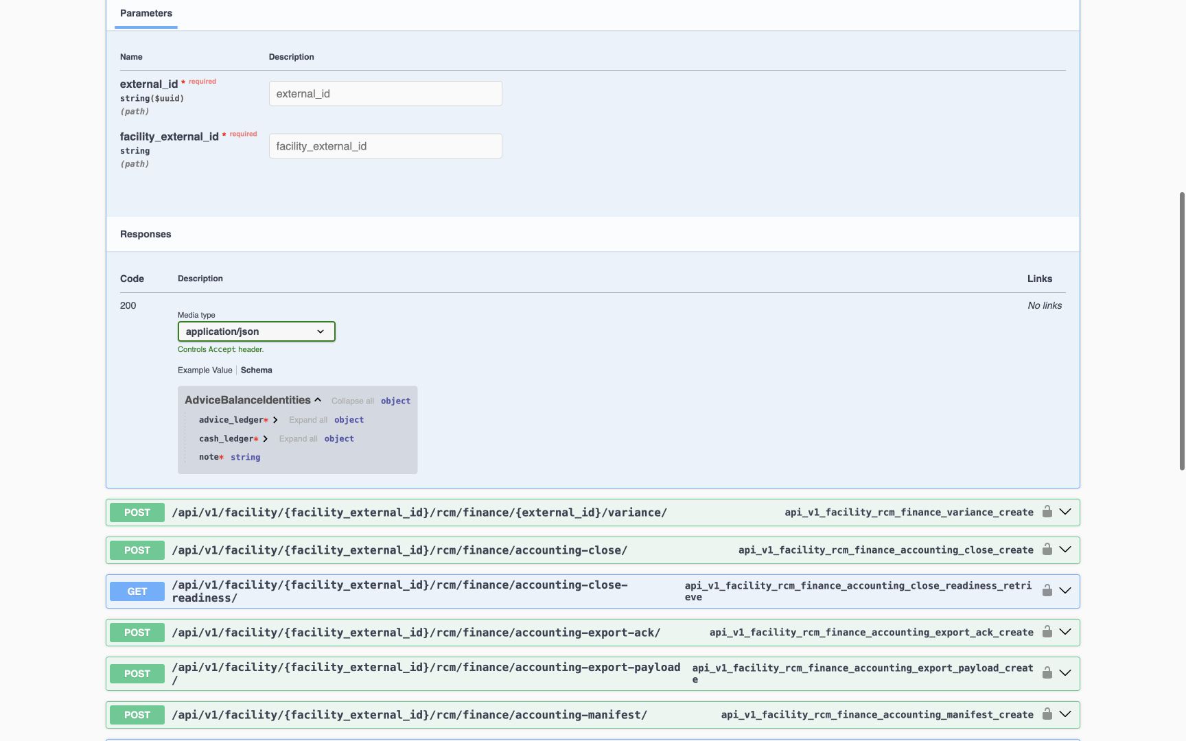 The finance balance-identities response shows required advice_ledger, cash_ledger and note. The ledger objects are collapsed. Required path identifiers and disabled input fields are visible; no live advice or bank record is displayed.
