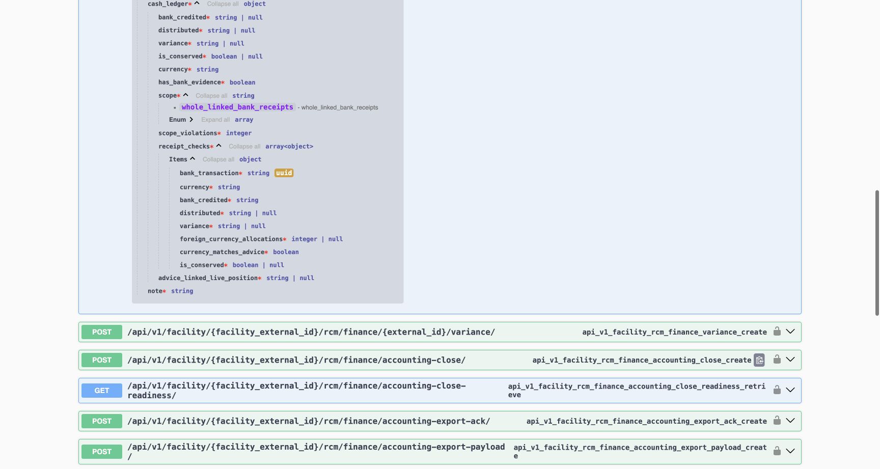 The cash scope enum is expanded to whole_linked_bank_receipts, and receipt_checks Items is expanded to all eight typed fields. Nullable evidence remains explicit; advice_linked_live_position remains a separate field. These are schema definitions, not live bank balances.