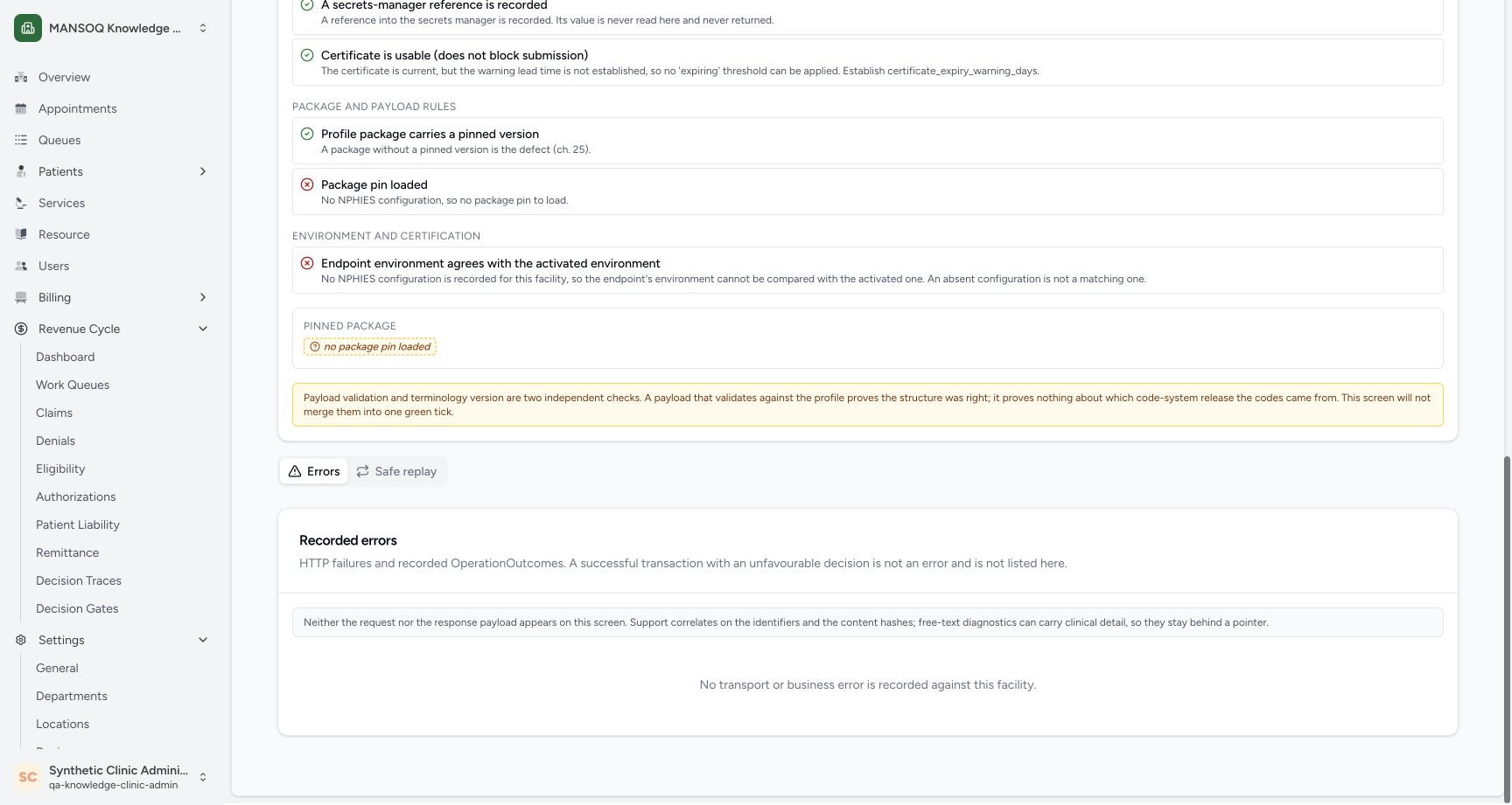 The actual Errors panel describes metadata-only correlation, distinguishes an unfavorable decision from a technical error and reports no transport or business error recorded for this facility. Failed readiness checks remain visible above.
