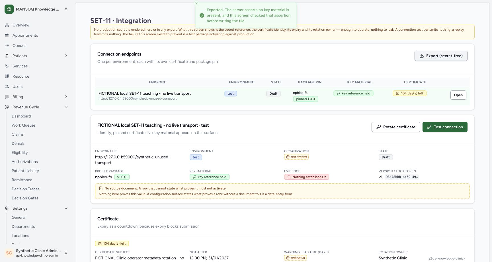 The actual product shows its normal Exported confirmation after writing a redacted browser download. The exported JSON bytes were independently retained and checked; opening that file in a viewer is not pictured.