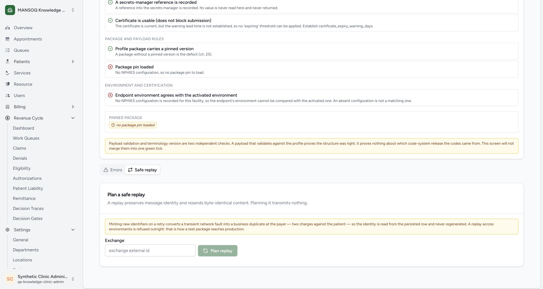 The Safe replay panel has an empty persisted-exchange identifier and a disabled Plan replay control. Its text requires preserved identity and byte-identical content, and warns against crossing environments. No replay was planned or transmitted.