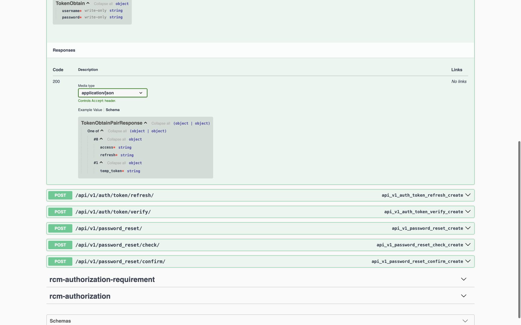 The response schema is expanded: oneOf alternative #0 requires access and refresh strings; alternative #1 requires a temp_token string. No real token or sign-in response is shown.