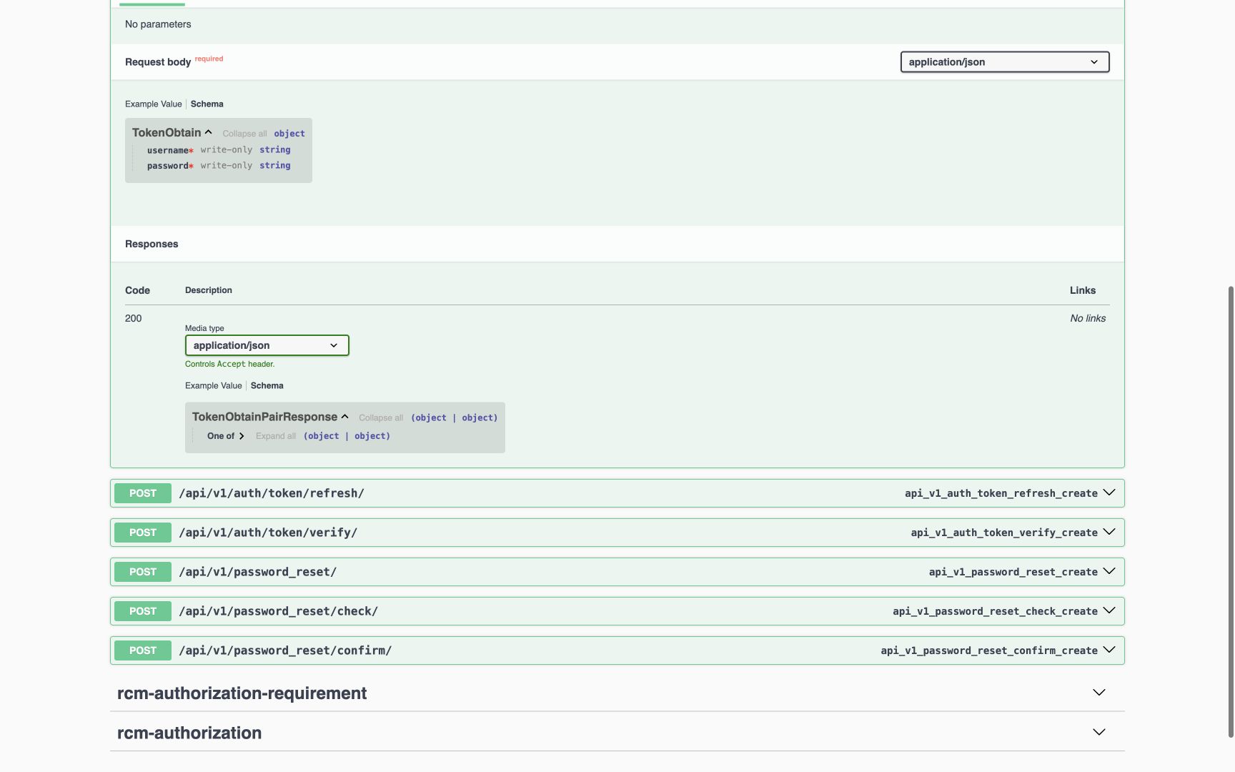 Response Schema displays TokenObtainPairResponse and a collapsed One of object union. The alternatives are not expanded in this image. Typed source and separate normal-response tests establish token-pair versus temporary-MFA shapes.