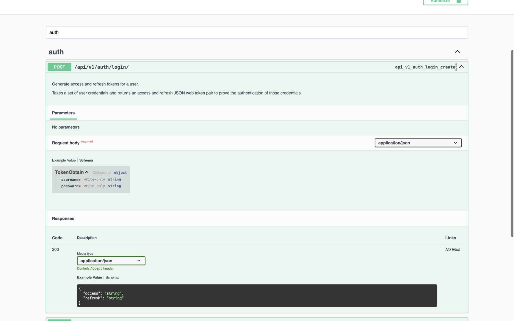 The login Request Schema displays required write-only username and password. Its visible response is a generated access/refresh example containing the literal string placeholder, not real tokens.