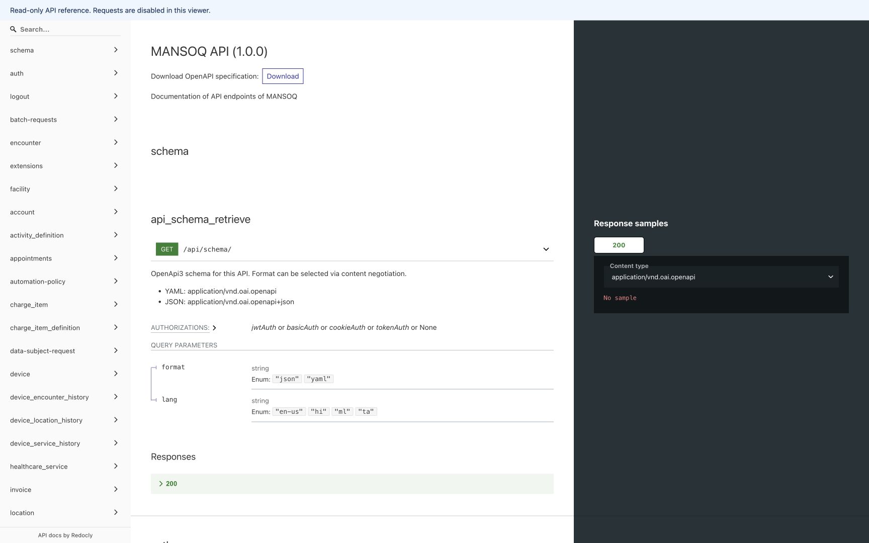 Redoc 2.5.4 renders the same OpenAPI 3.1 contract covering 900 paths using its locally served, pinned asset. The header, search, tag menu, download link, operation details and response sample pane are visible. No request was submitted and no credentials were entered.
