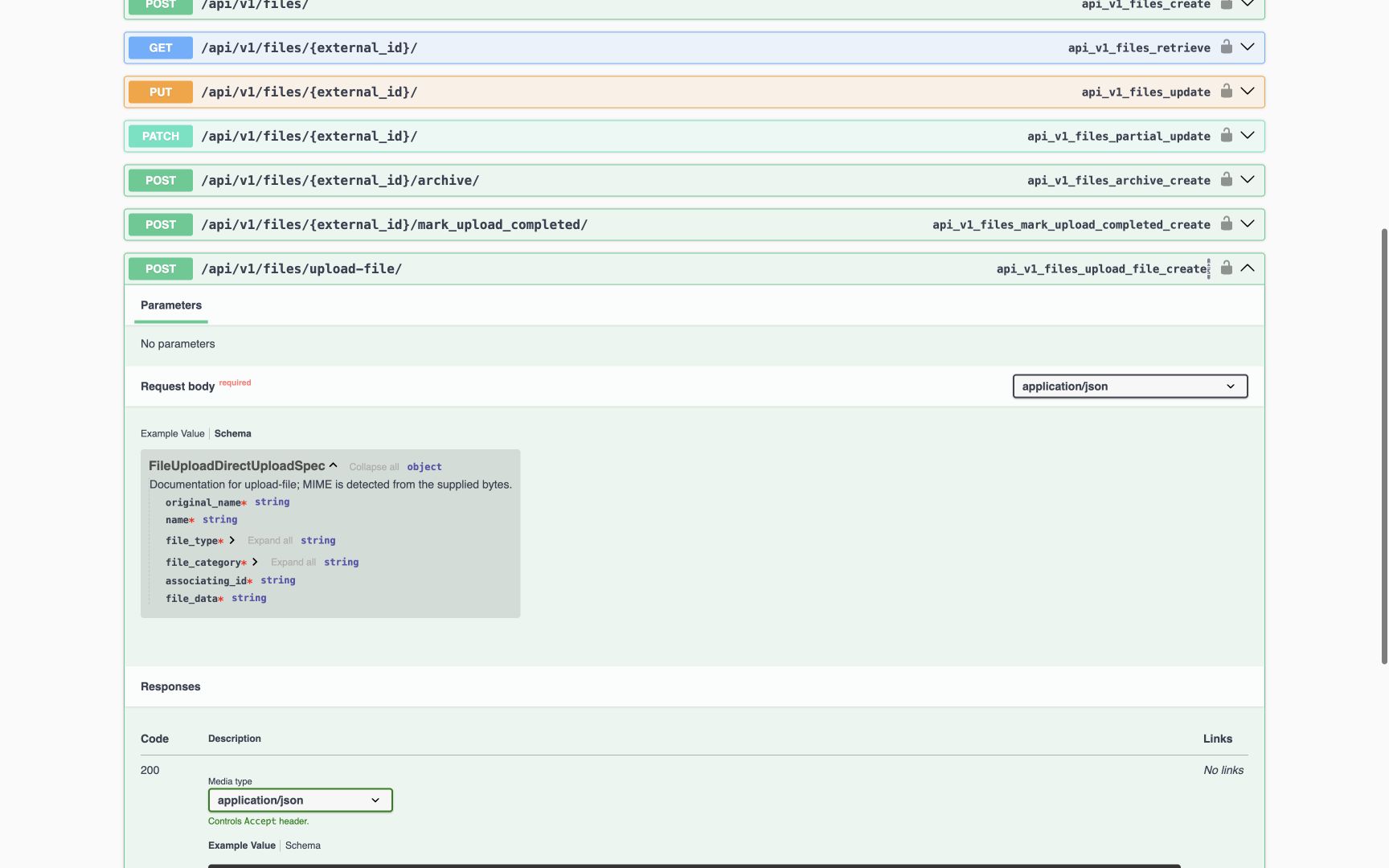POST /api/v1/files/upload-file/ Request Schema displays six required strings: original_name, name, file_type, file_category, associating_id, file_data. No upload was executed in this viewer.